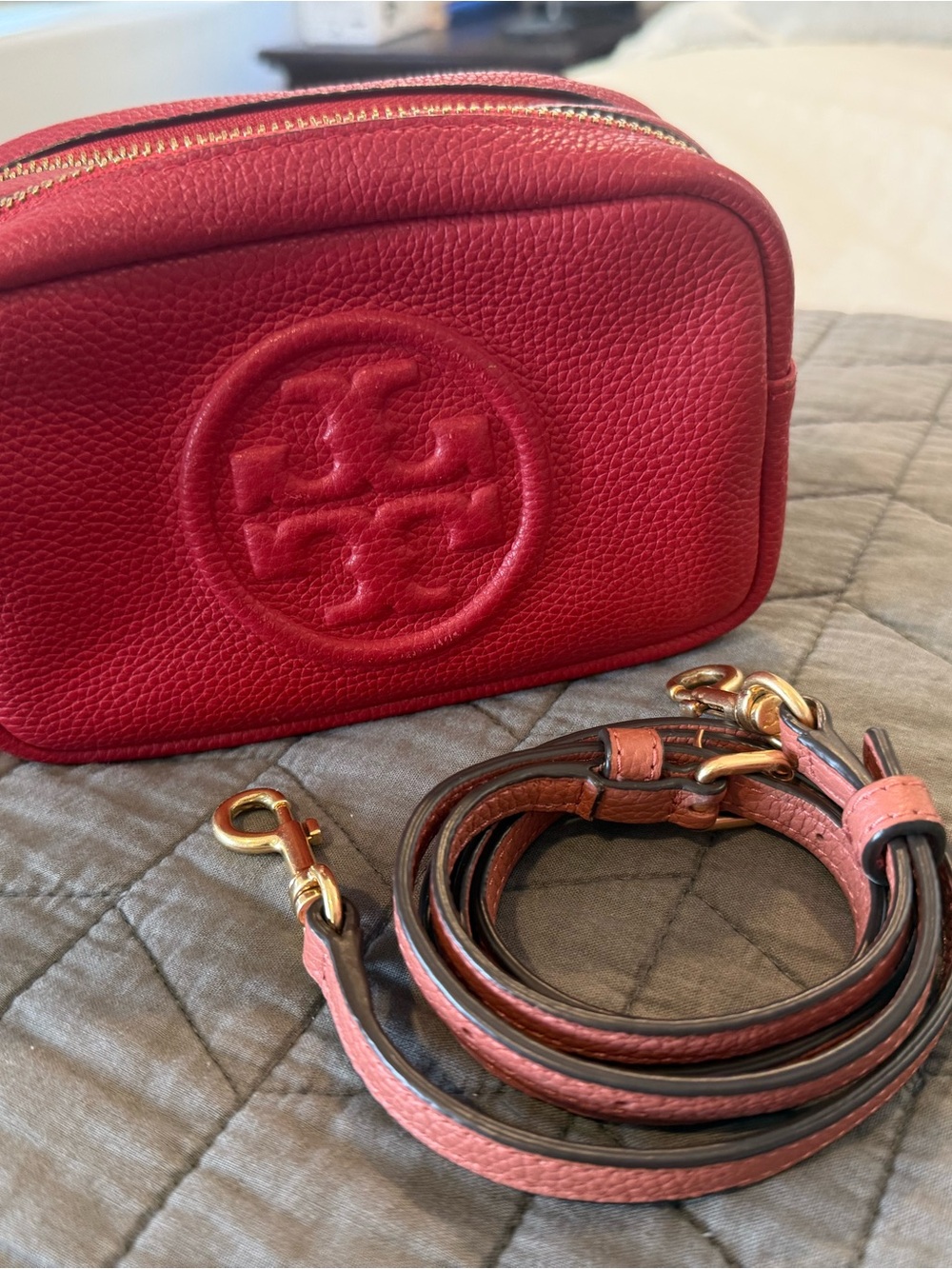 Tory Burch Red Pebbled Leather Crossbody Camera Bag with Pink Strap Accents